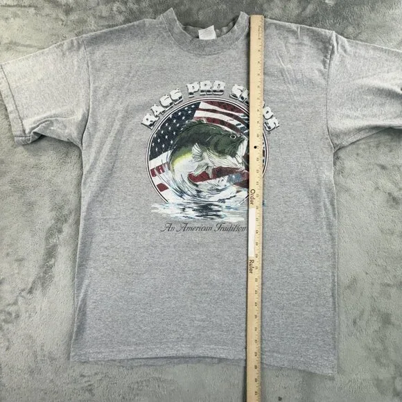 Vintage Bass Pro Shops Shirt Mens Large Gray American Flag Fish Fishing USA Made - Picture 7 of 12